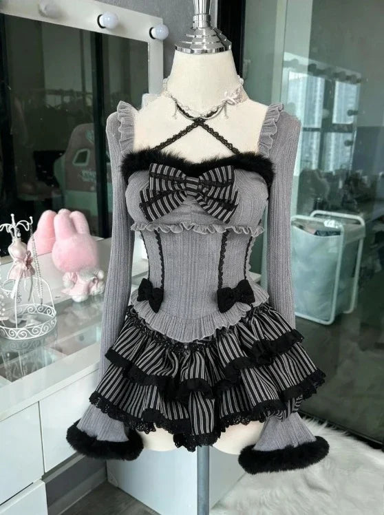 Sweet Lolita Vintage Suits Women Ruffles Cardigan + Sexy Y2k Corset Vest + Mini Skirts Autumn Korean Elegant 3 Piece Dress Sets