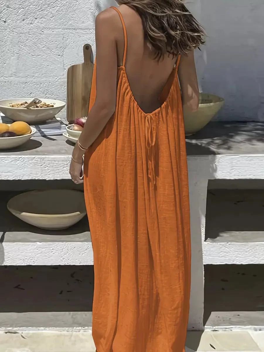 Casual Solid Loose Dress For Women Sexy Sleeveless Spaghetti Strap Backless Lace-up Robe Femme Holiday Beach Party Clothes New