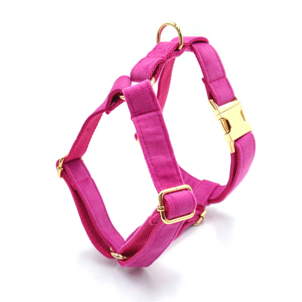 Fuchsia Velvet Personalized Dog Collar for Small Dogs Light Weight Cute Dog Harness with Bow Flower Custom Puppy Traction Set