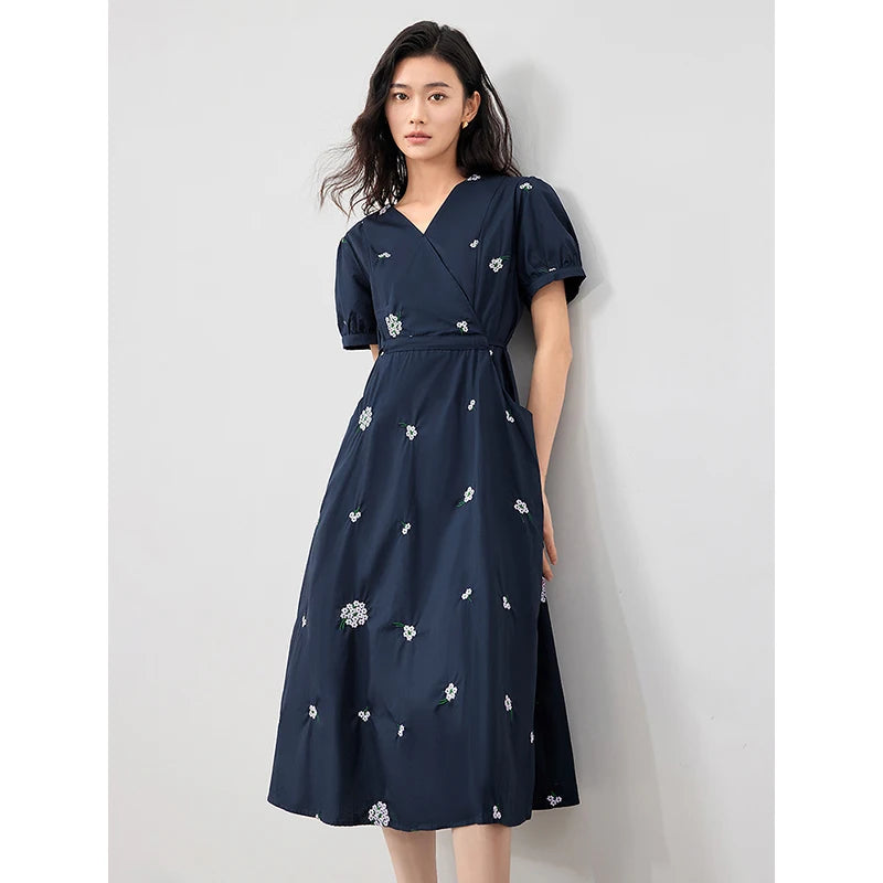 TOYOUTH Women Embroidered Dress 2024 Summer New V-Neck Slimming Pure Cotton Skirt