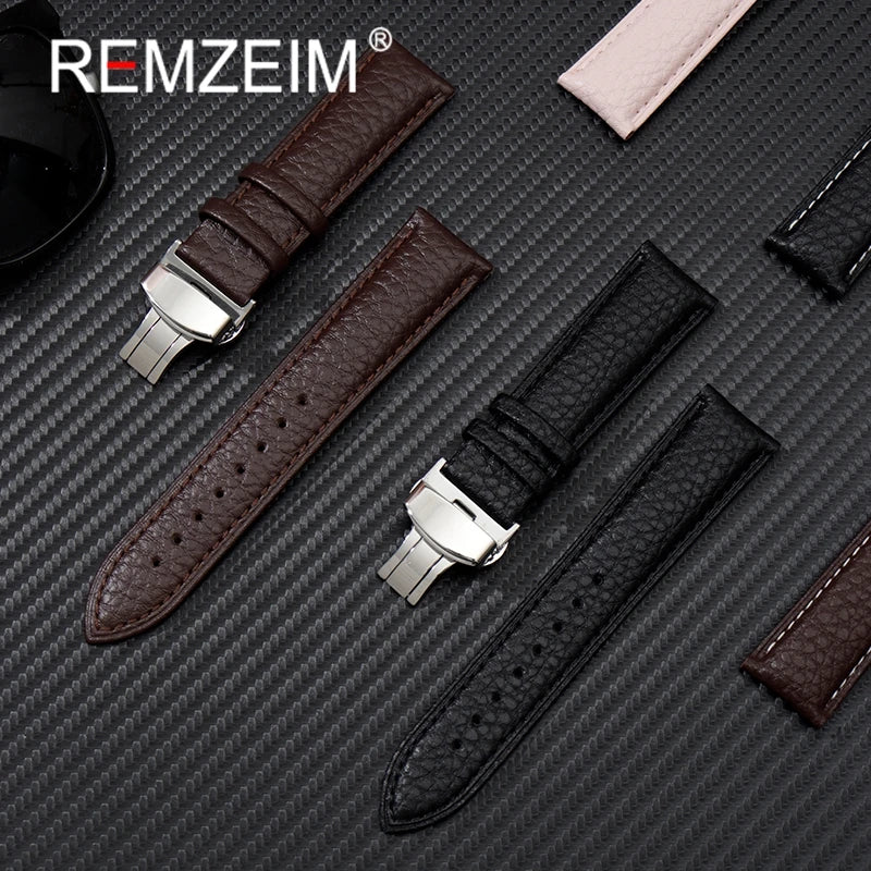 Litchi Grain Strap 18/20/22mm Watch Accessories Genuine Soft Leather Wristwatch Band With Butterfly Buckle