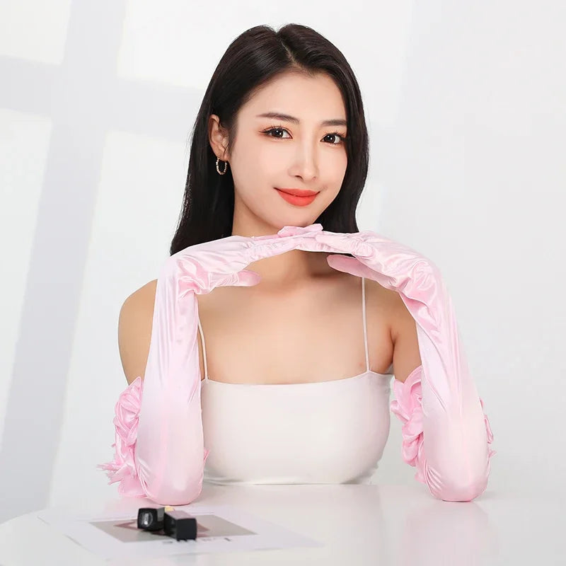 55CM Opera Stage Pink Satin Elastic Wedding Dress Etiquette Gloves Retro Banquet Dance Performance Flower Lace Women Long Gloves
