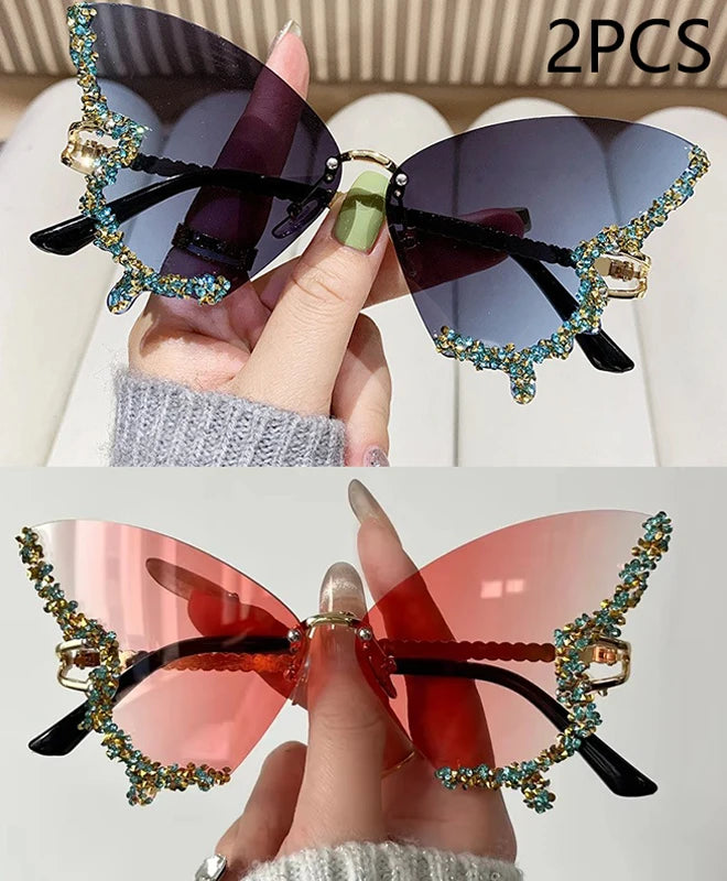 Luxury Diamond Butterfly Sunglasses Women Brand Y2K Vintage Rimless Oversized Sun Glasses Ladies Eyewear