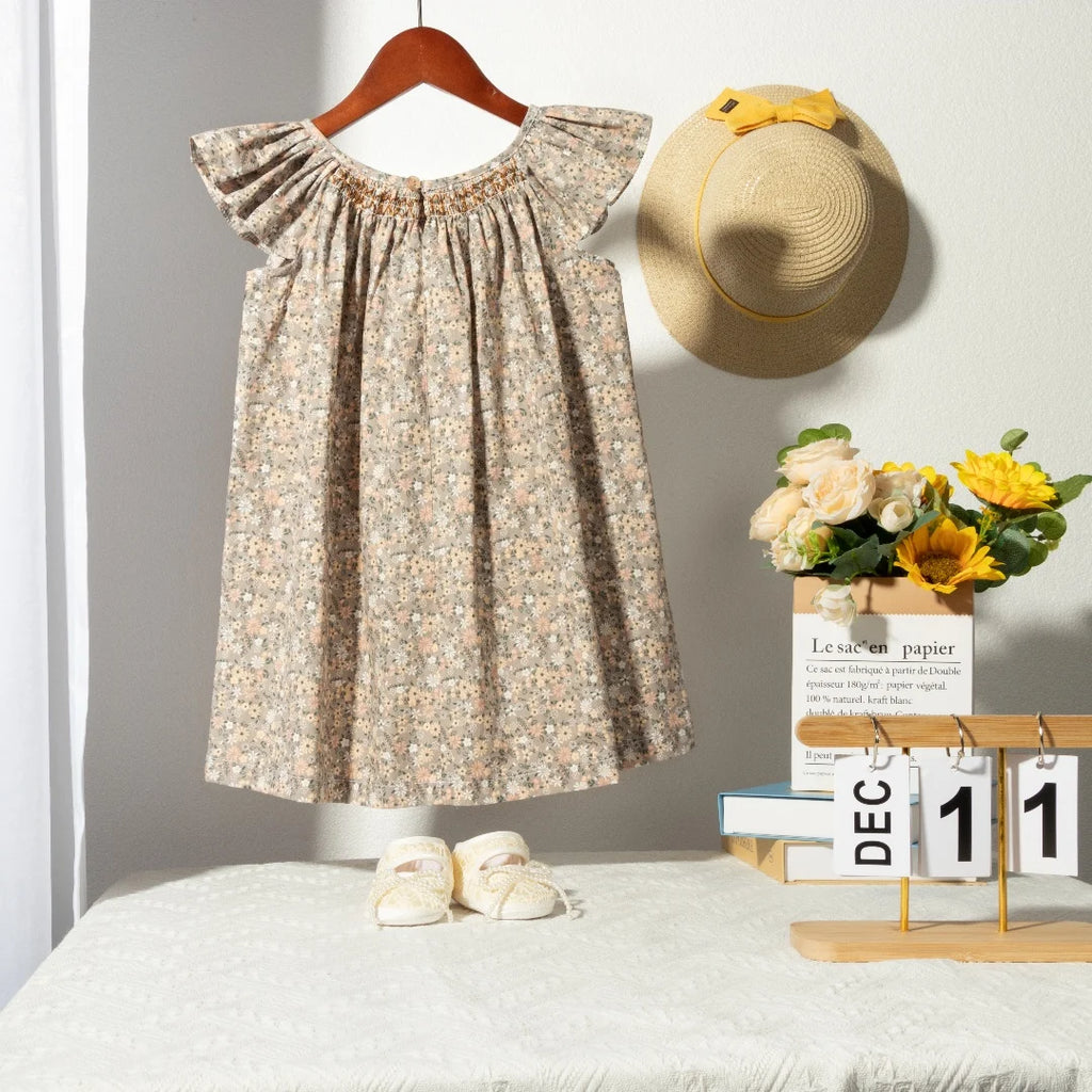 Floral Summer Dress for 1 2 3 4 5 6 Years Girls Smocking Design with Flying Sleeve Baby Toddler Daily Cute Clothes