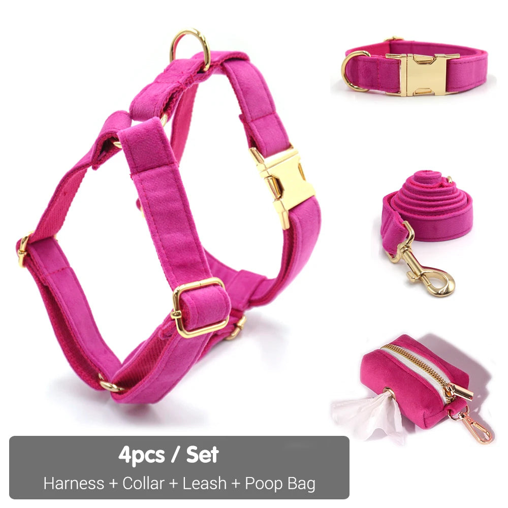 Fuchsia Velvet Personalized Dog Collar for Small Dogs Light Weight Cute Dog Harness with Bow Flower Custom Puppy Traction Set