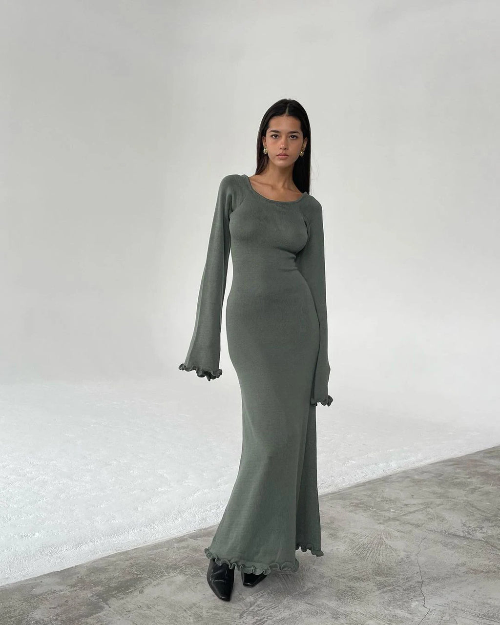 Cryptographic Elegant Knitted Sweater Maxi Dress Outfits for Women Flare Sleeve Sexy Backless Dresses Edible Tree Fungus Clothes