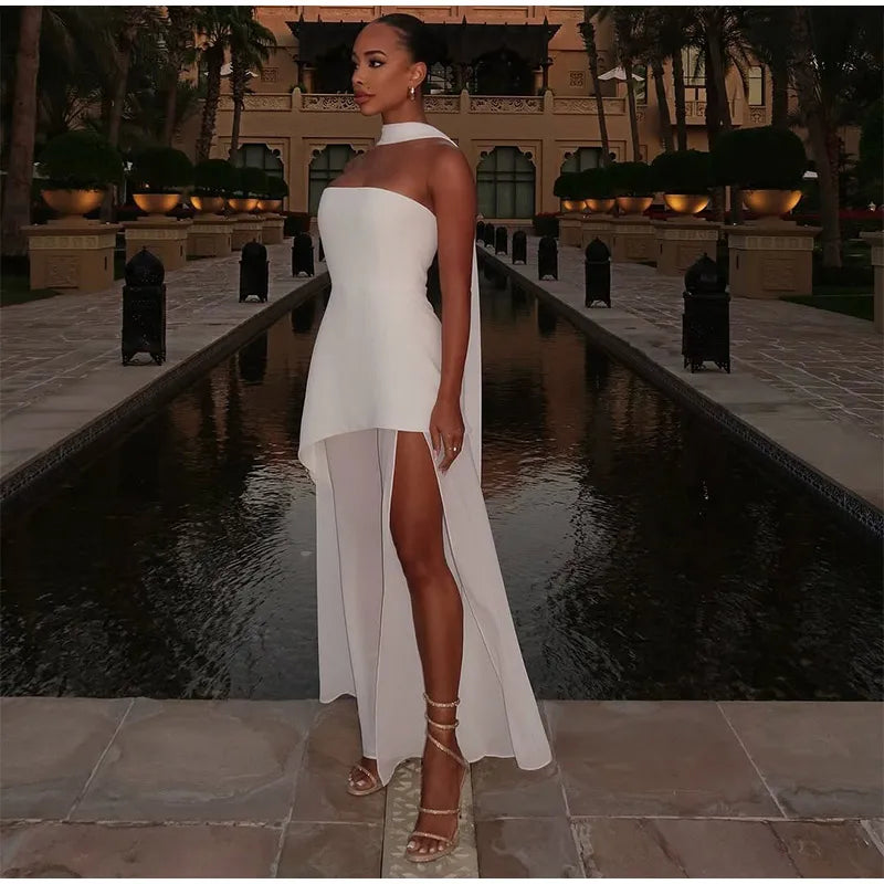 Elegant Mesh Patchwork Solid Vestidos Women Sleeveless Backless Off Shoulder High Slit Slim Scarf Dress 2025 New Lady Party Wear