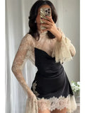 Women Lace Patchwork Sexy Mini Dress Elegant Full Flared Sleeve Waist Cinching See Through Short Dresses Lady Club Party Gowns