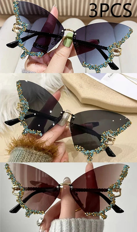 Luxury Diamond Butterfly Sunglasses Women Brand Y2K Vintage Rimless Oversized Sun Glasses Ladies Eyewear