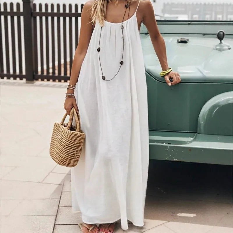 Casual Solid Loose Dress For Women Sexy Sleeveless Spaghetti Strap Backless Lace-up Robe Femme Holiday Beach Party Clothes New