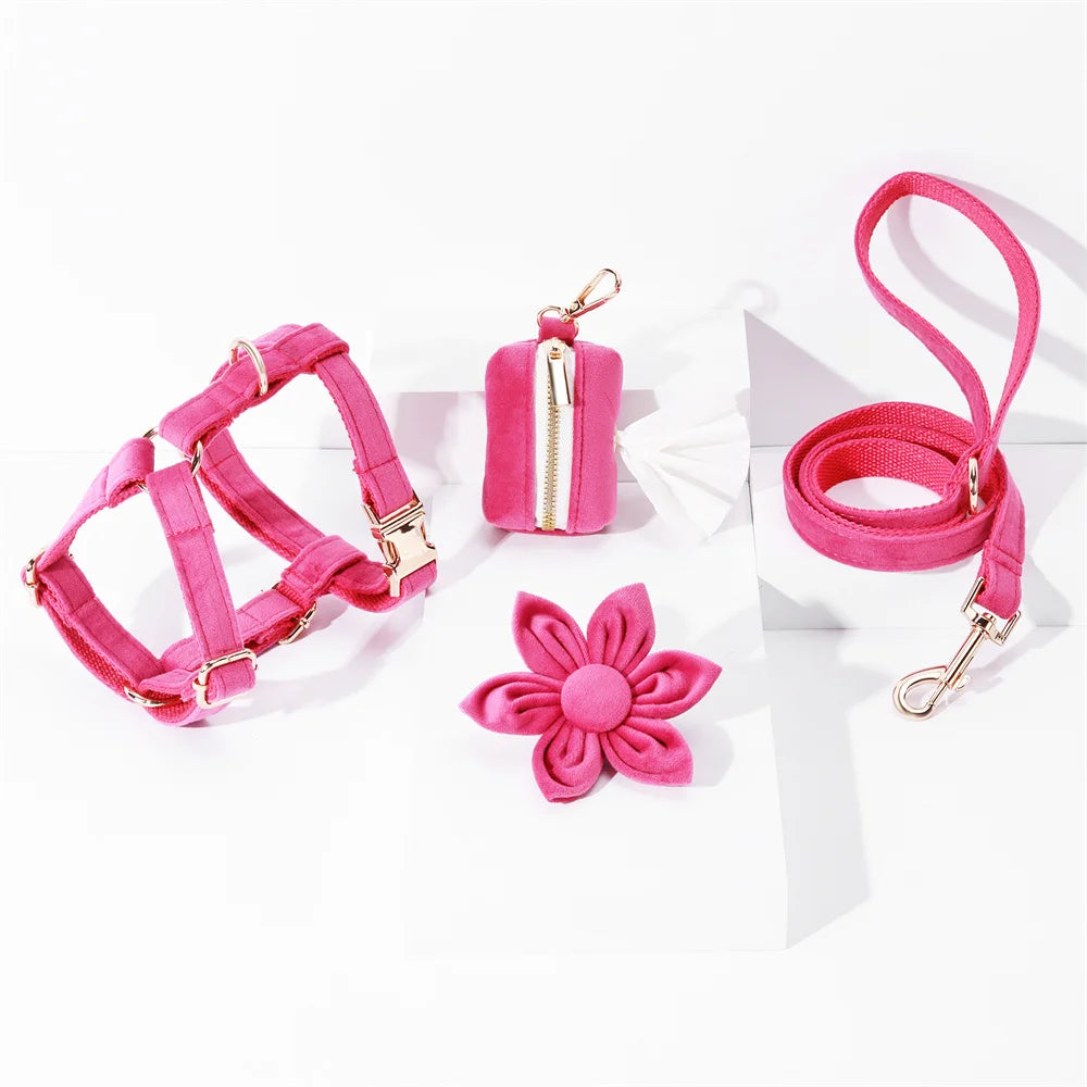 Fuchsia Velvet Personalized Dog Collar for Small Dogs Light Weight Cute Dog Harness with Bow Flower Custom Puppy Traction Set