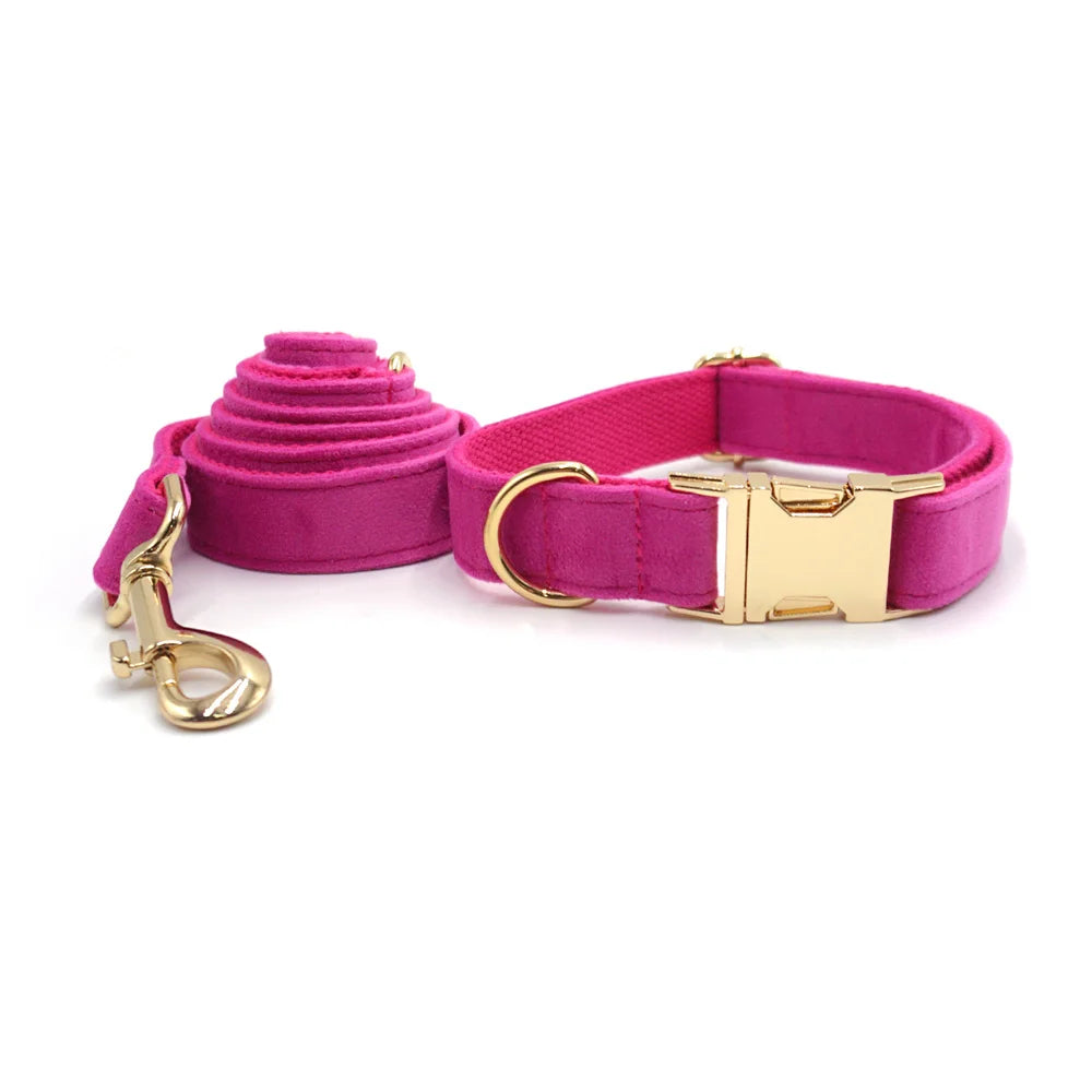 Fuchsia Velvet Personalized Dog Collar for Small Dogs Light Weight Cute Dog Harness with Bow Flower Custom Puppy Traction Set