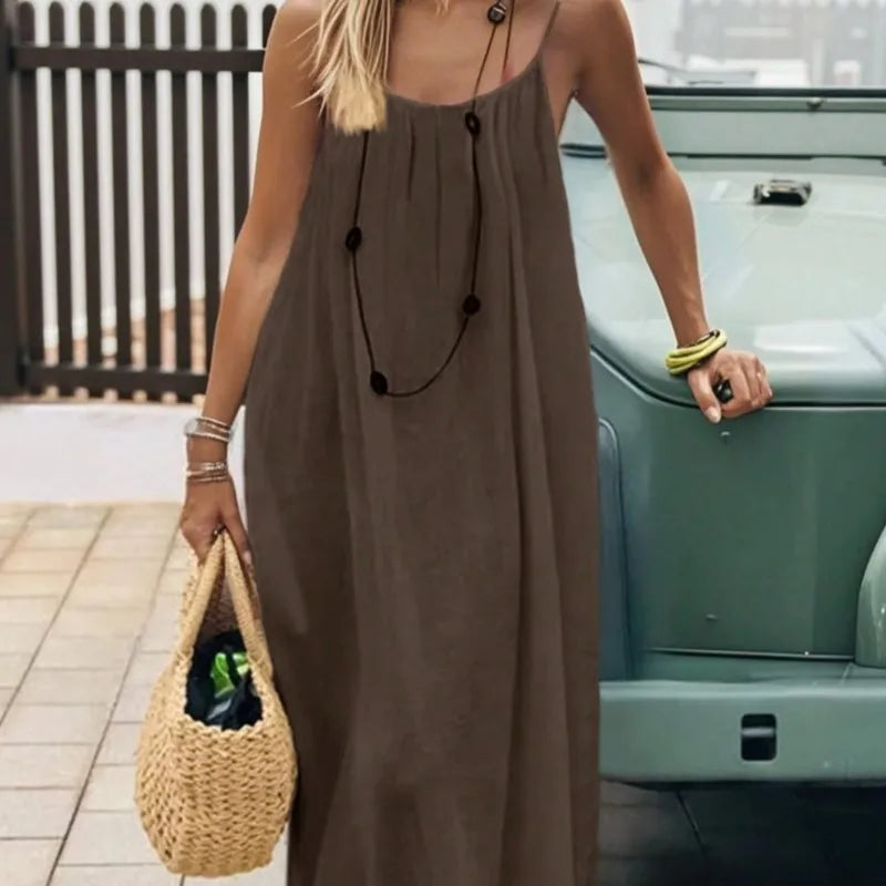 Casual Solid Loose Dress For Women Sexy Sleeveless Spaghetti Strap Backless Lace-up Robe Femme Holiday Beach Party Clothes New