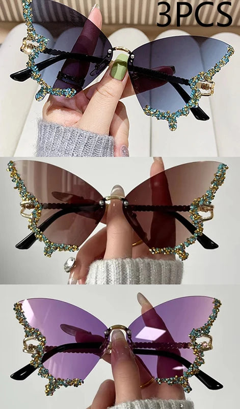 Luxury Diamond Butterfly Sunglasses Women Brand Y2K Vintage Rimless Oversized Sun Glasses Ladies Eyewear