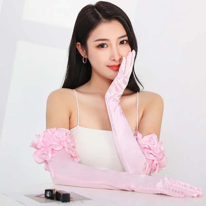 55CM Opera Stage Pink Satin Elastic Wedding Dress Etiquette Gloves Retro Banquet Dance Performance Flower Lace Women Long Gloves