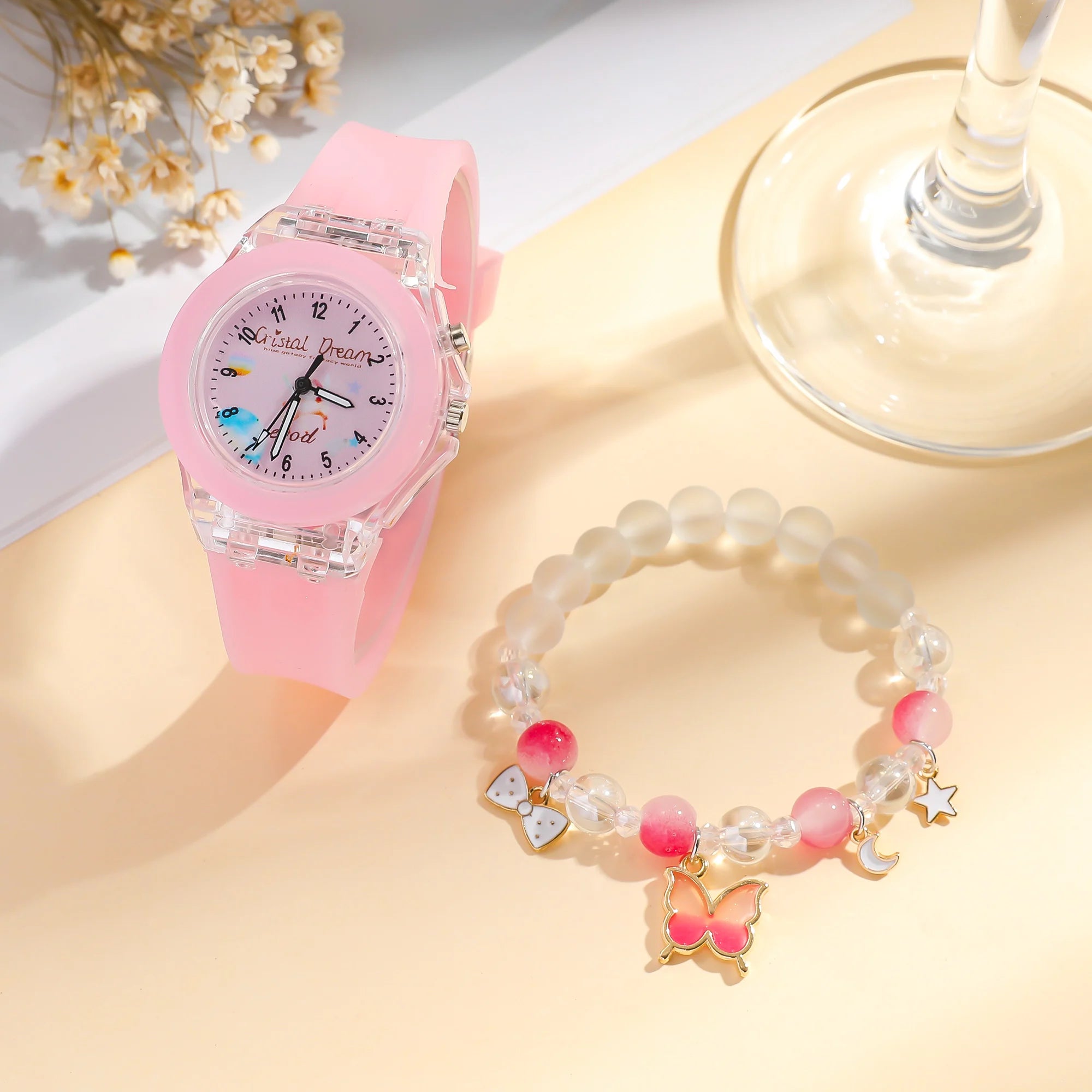 Fashion Butterfly Silicone Luminous Watch + Butterfly Beaded Bracelet