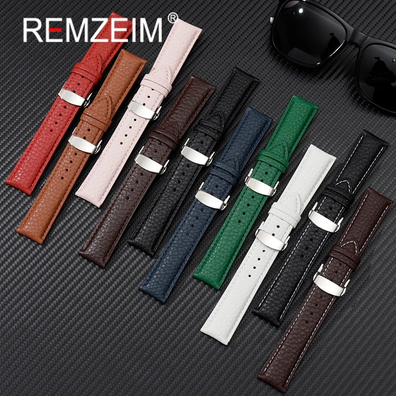 Litchi Grain Strap 18/20/22mm Watch Accessories Genuine Soft Leather Wristwatch Band With Butterfly Buckle