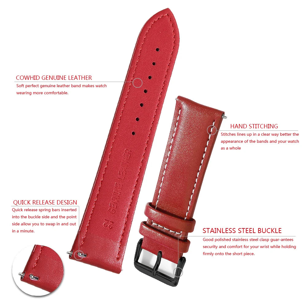 Top Grain Genuine Leather Watch Band, Quick Release 12/14/16/18/19/20/21/22/24 mm Watch Straps, Replacement Bands for Men Women