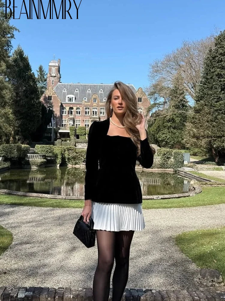 Women Velvet High Waist Spliced Mini Dresses 2025 Elegant Square Neck Long Sleeve Gowns Autumn Winter Chic Lady New Party Dress