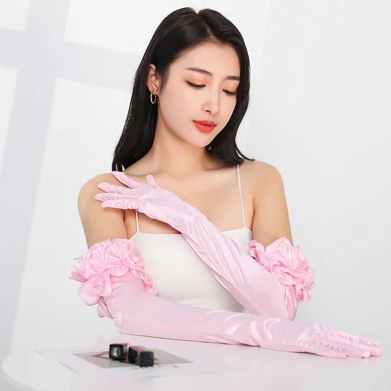 55CM Opera Stage Pink Satin Elastic Wedding Dress Etiquette Gloves Retro Banquet Dance Performance Flower Lace Women Long Gloves