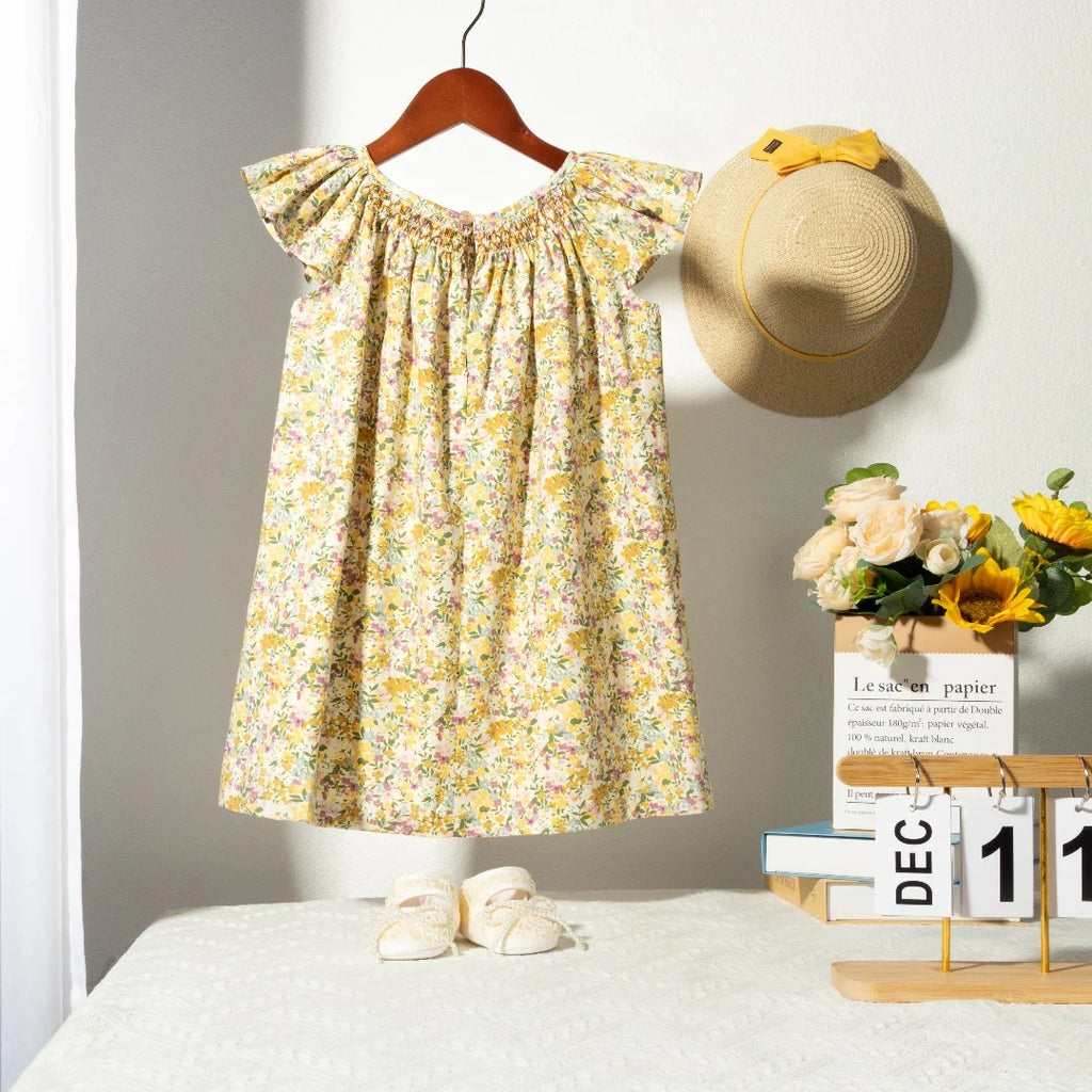 Floral Summer Dress for 1 2 3 4 5 6 Years Girls Smocking Design with Flying Sleeve Baby Toddler Daily Cute Clothes
