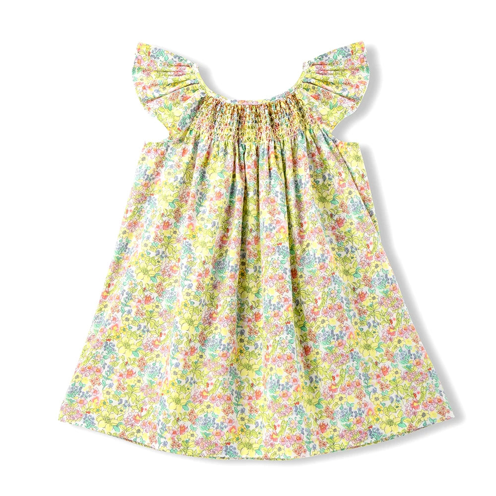 Floral Summer Dress for 1 2 3 4 5 6 Years Girls Smocking Design with Flying Sleeve Baby Toddler Daily Cute Clothes