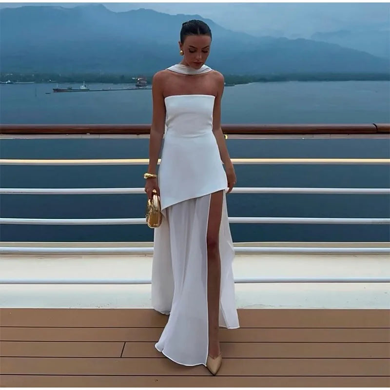 Elegant Mesh Patchwork Solid Vestidos Women Sleeveless Backless Off Shoulder High Slit Slim Scarf Dress 2025 New Lady Party Wear