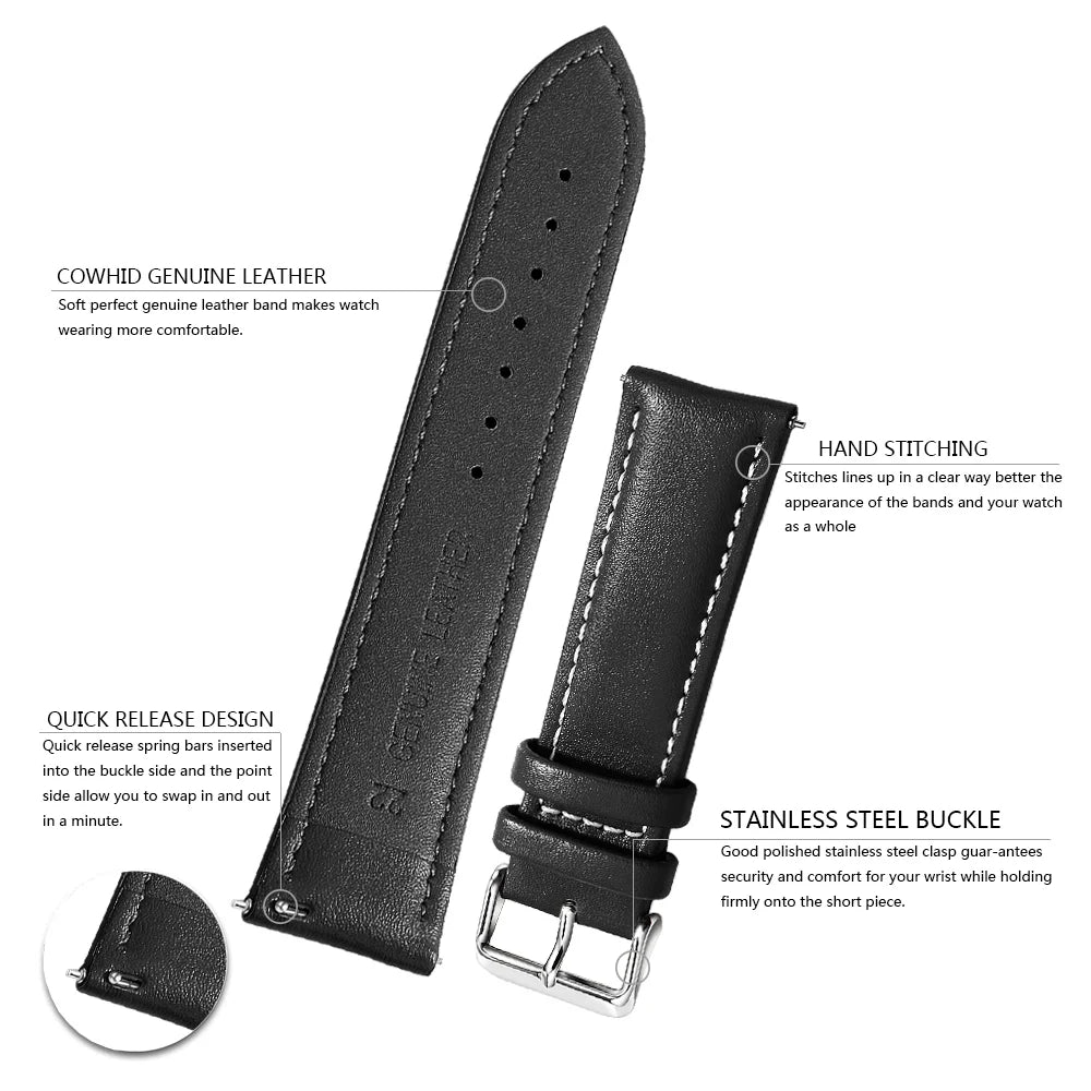 Top Grain Genuine Leather Watch Band, Quick Release 12/14/16/18/19/20/21/22/24 mm Watch Straps, Replacement Bands for Men Women