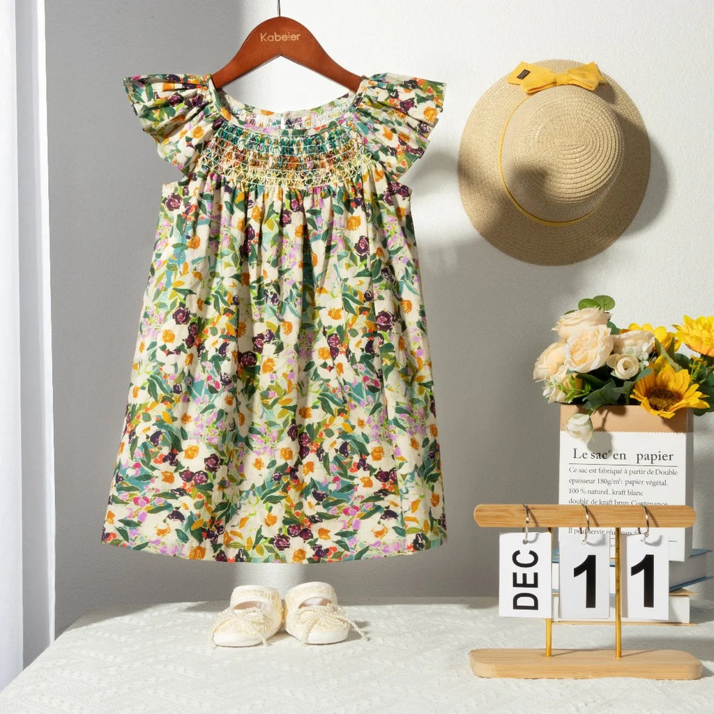 Floral Summer Dress for 1 2 3 4 5 6 Years Girls Smocking Design with Flying Sleeve Baby Toddler Daily Cute Clothes