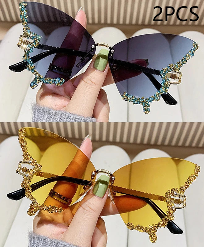 Luxury Diamond Butterfly Sunglasses Women Brand Y2K Vintage Rimless Oversized Sun Glasses Ladies Eyewear