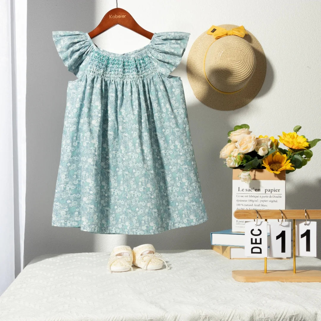 Floral Summer Dress for 1 2 3 4 5 6 Years Girls Smocking Design with Flying Sleeve Baby Toddler Daily Cute Clothes
