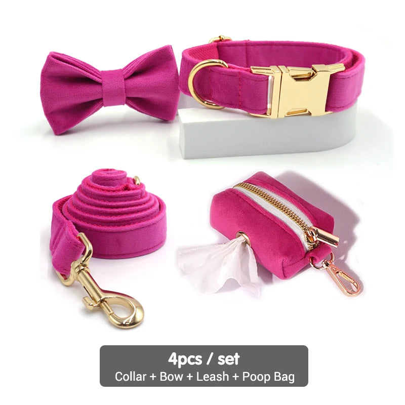 Fuchsia Velvet Personalized Dog Collar for Small Dogs Light Weight Cute Dog Harness with Bow Flower Custom Puppy Traction Set
