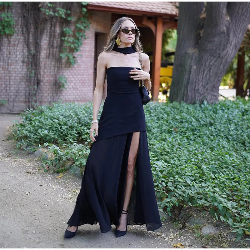 Elegant Mesh Patchwork Solid Vestidos Women Sleeveless Backless Off Shoulder High Slit Slim Scarf Dress 2025 New Lady Party Wear
