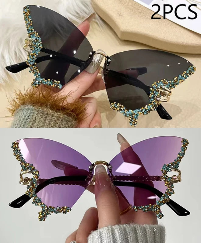 Luxury Diamond Butterfly Sunglasses Women Brand Y2K Vintage Rimless Oversized Sun Glasses Ladies Eyewear
