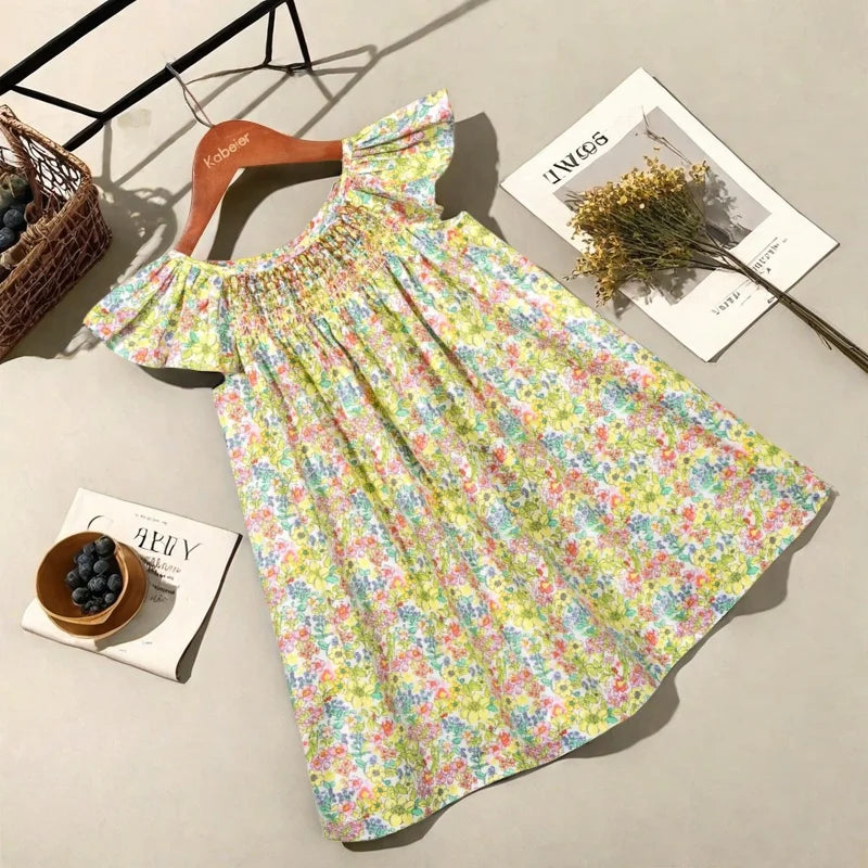 Floral Summer Dress for 1 2 3 4 5 6 Years Girls Smocking Design with Flying Sleeve Baby Toddler Daily Cute Clothes