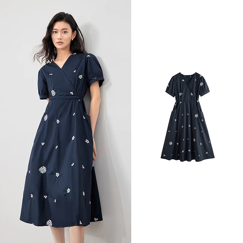 TOYOUTH Women Embroidered Dress 2024 Summer New V-Neck Slimming Pure Cotton Skirt