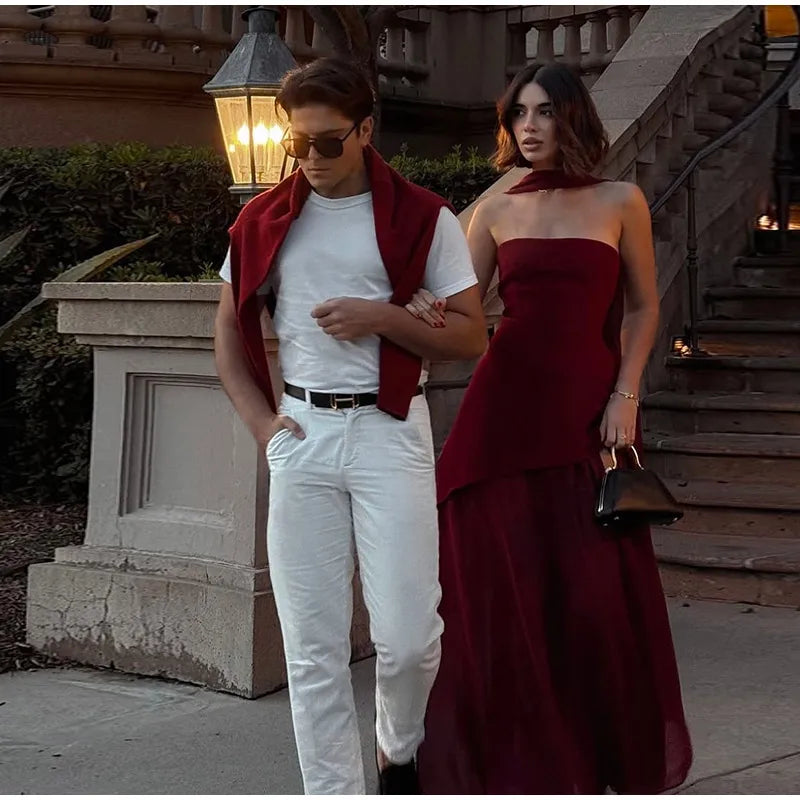 Elegant Mesh Patchwork Solid Vestidos Women Sleeveless Backless Off Shoulder High Slit Slim Scarf Dress 2025 New Lady Party Wear