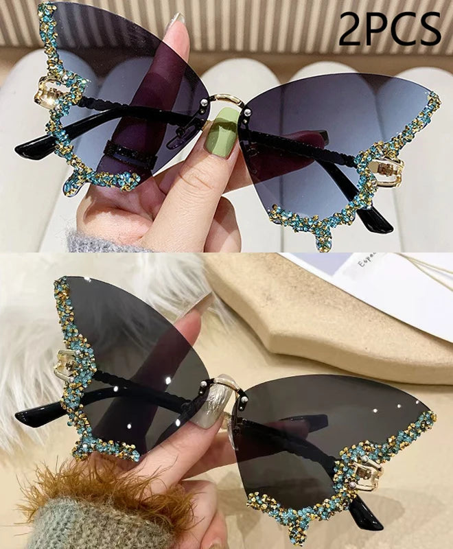 Luxury Diamond Butterfly Sunglasses Women Brand Y2K Vintage Rimless Oversized Sun Glasses Ladies Eyewear