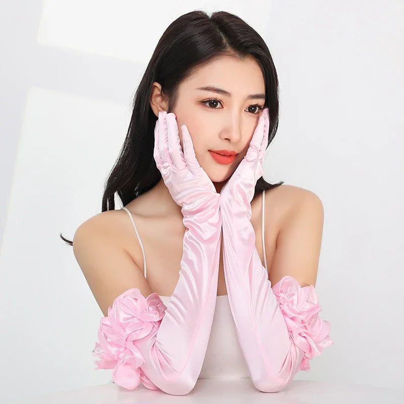 55CM Opera Stage Pink Satin Elastic Wedding Dress Etiquette Gloves Retro Banquet Dance Performance Flower Lace Women Long Gloves