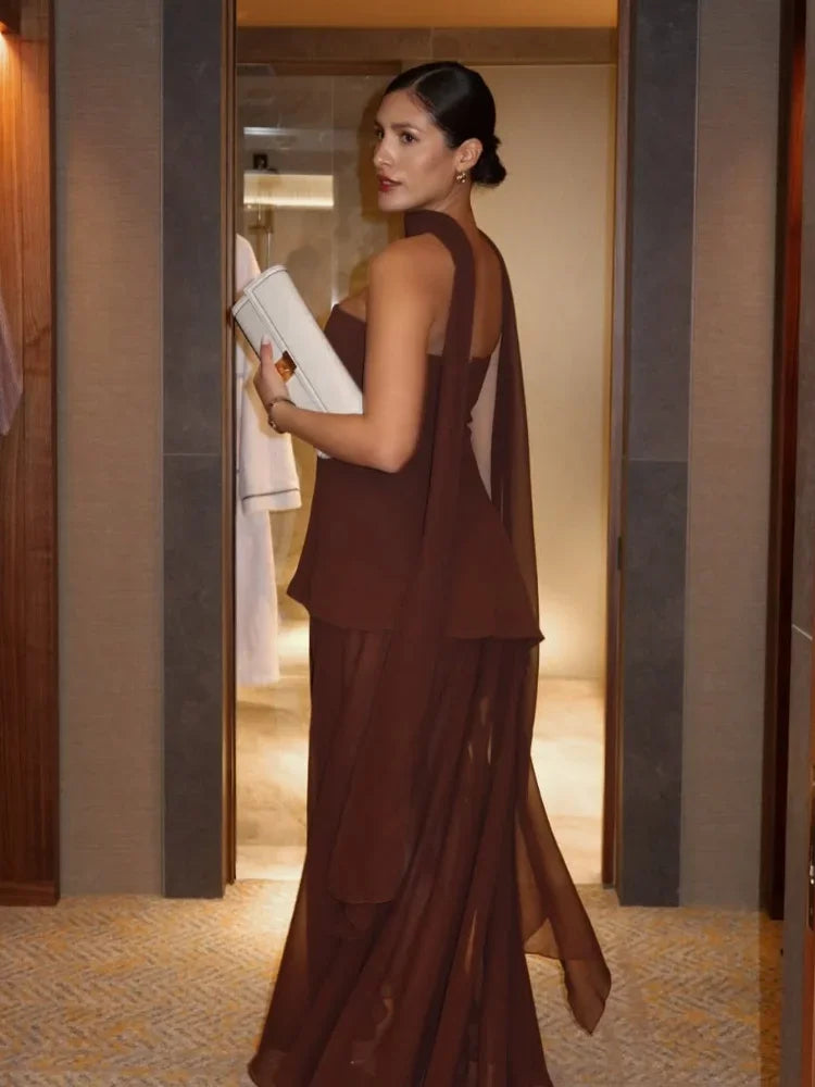 Elegant Mesh Patchwork Solid Vestidos Women Sleeveless Backless Off Shoulder High Slit Slim Scarf Dress 2025 New Lady Party Wear