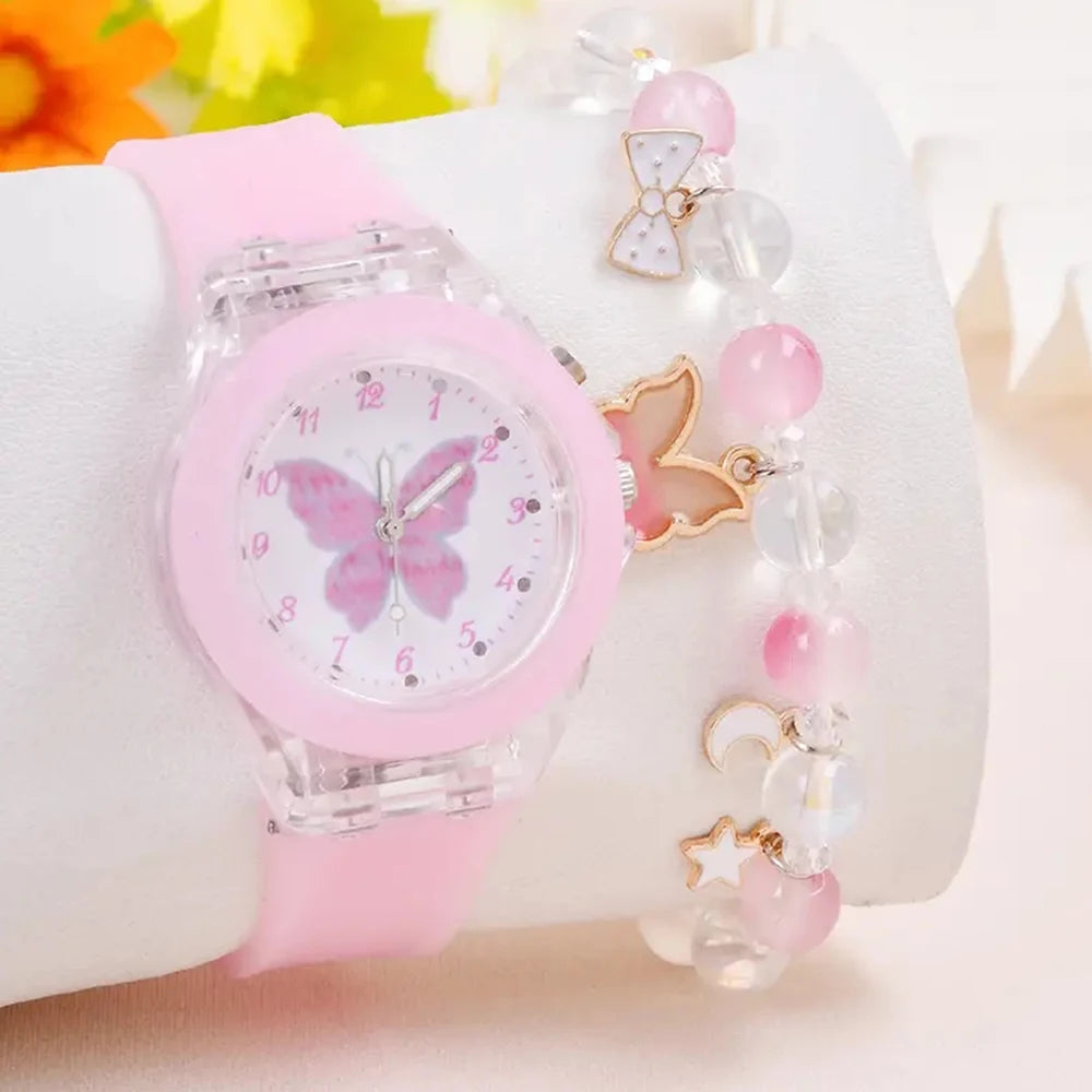Fashion Butterfly Silicone Luminous Watch + Butterfly Beaded Bracelet