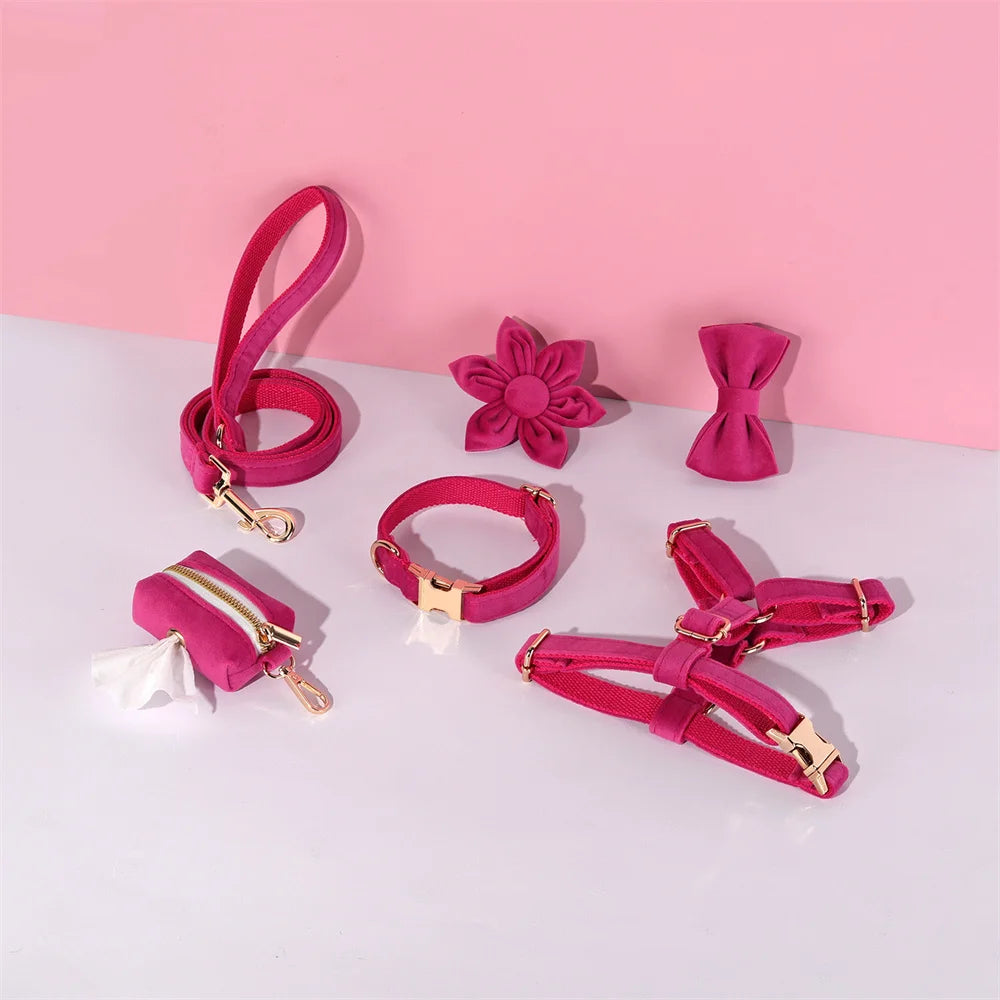 Fuchsia Velvet Personalized Dog Collar for Small Dogs Light Weight Cute Dog Harness with Bow Flower Custom Puppy Traction Set