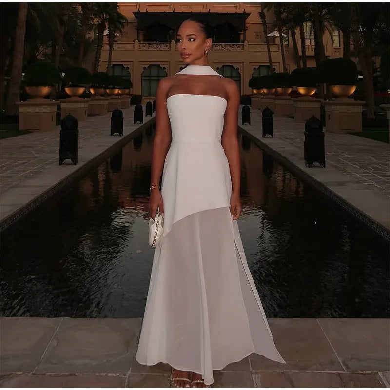 Elegant Mesh Patchwork Solid Vestidos Women Sleeveless Backless Off Shoulder High Slit Slim Scarf Dress 2025 New Lady Party Wear