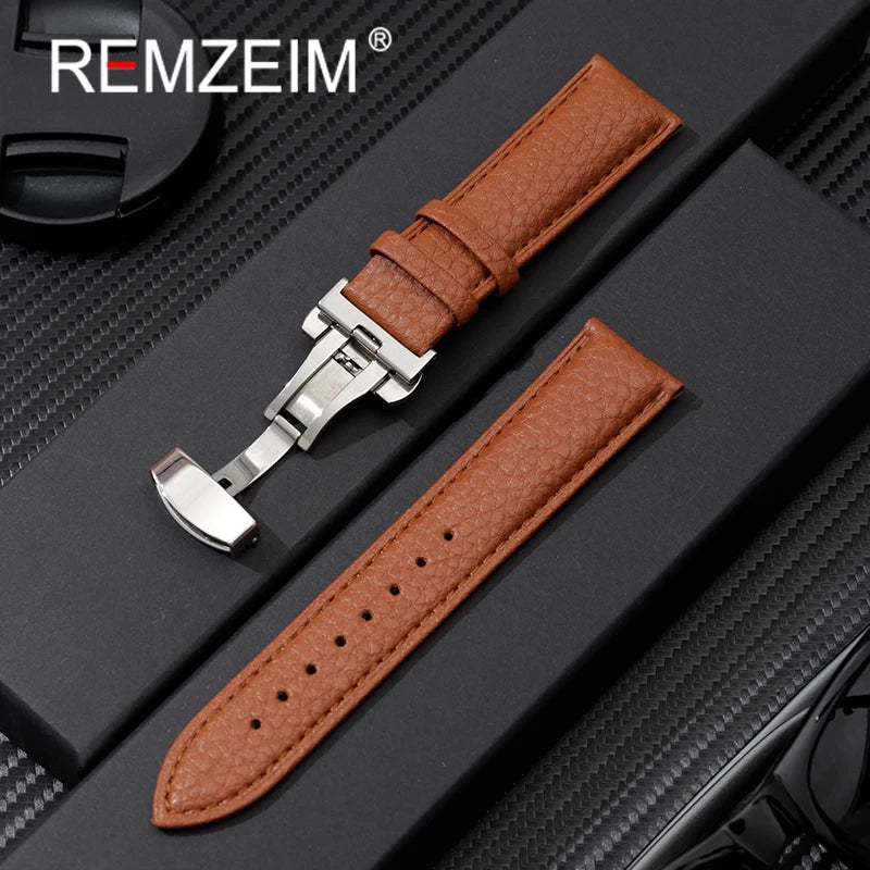Litchi Grain Strap 18/20/22mm Watch Accessories Genuine Soft Leather Wristwatch Band With Butterfly Buckle