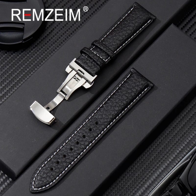 Litchi Grain Strap 18/20/22mm Watch Accessories Genuine Soft Leather Wristwatch Band With Butterfly Buckle