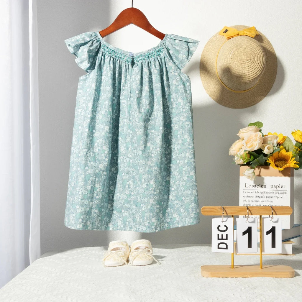 Floral Summer Dress for 1 2 3 4 5 6 Years Girls Smocking Design with Flying Sleeve Baby Toddler Daily Cute Clothes