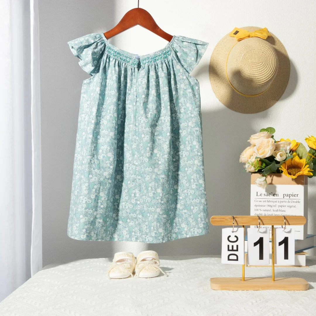 Floral Summer Dress for 1 2 3 4 5 6 Years Girls Smocking Design with Flying Sleeve Baby Toddler Daily Cute Clothes