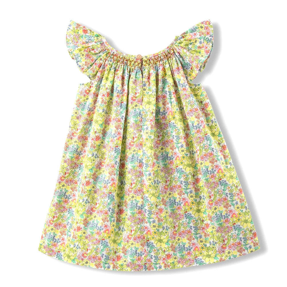 Floral Summer Dress for 1 2 3 4 5 6 Years Girls Smocking Design with Flying Sleeve Baby Toddler Daily Cute Clothes