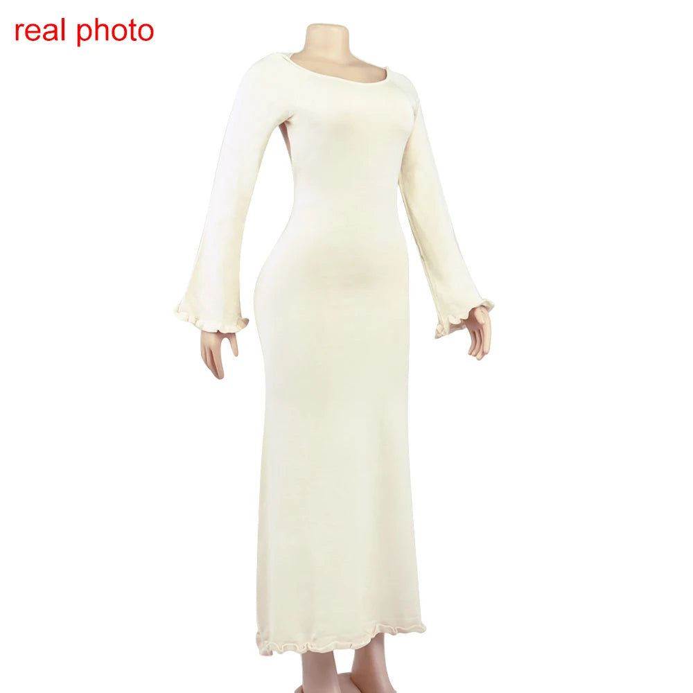 Cryptographic Elegant Knitted Sweater Maxi Dress Outfits for Women Flare Sleeve Sexy Backless Dresses Edible Tree Fungus Clothes