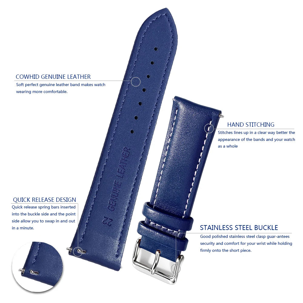 Top Grain Genuine Leather Watch Band, Quick Release 12/14/16/18/19/20/21/22/24 mm Watch Straps, Replacement Bands for Men Women